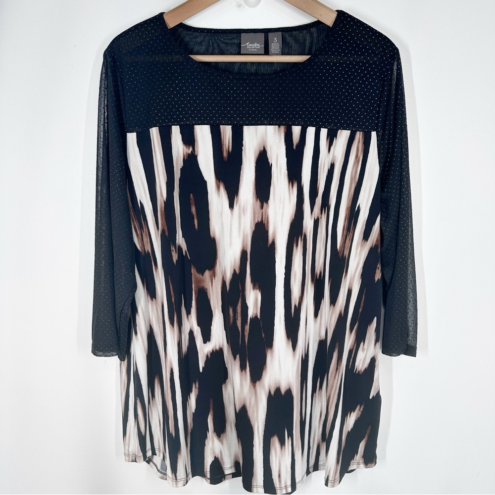 Chicos Travelers 3/4 Sleeve Printed Tunic Top Size 3 XL Black Sheer Sleeves